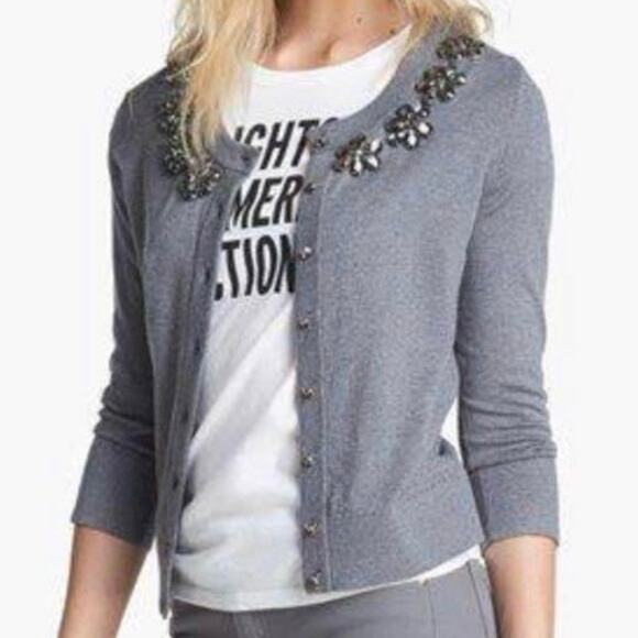 KATE SPADE NY | Gray 3/4" Sleeve Rhinestone Embellished Cardigan Sweater | XL - Picture 1 of 8